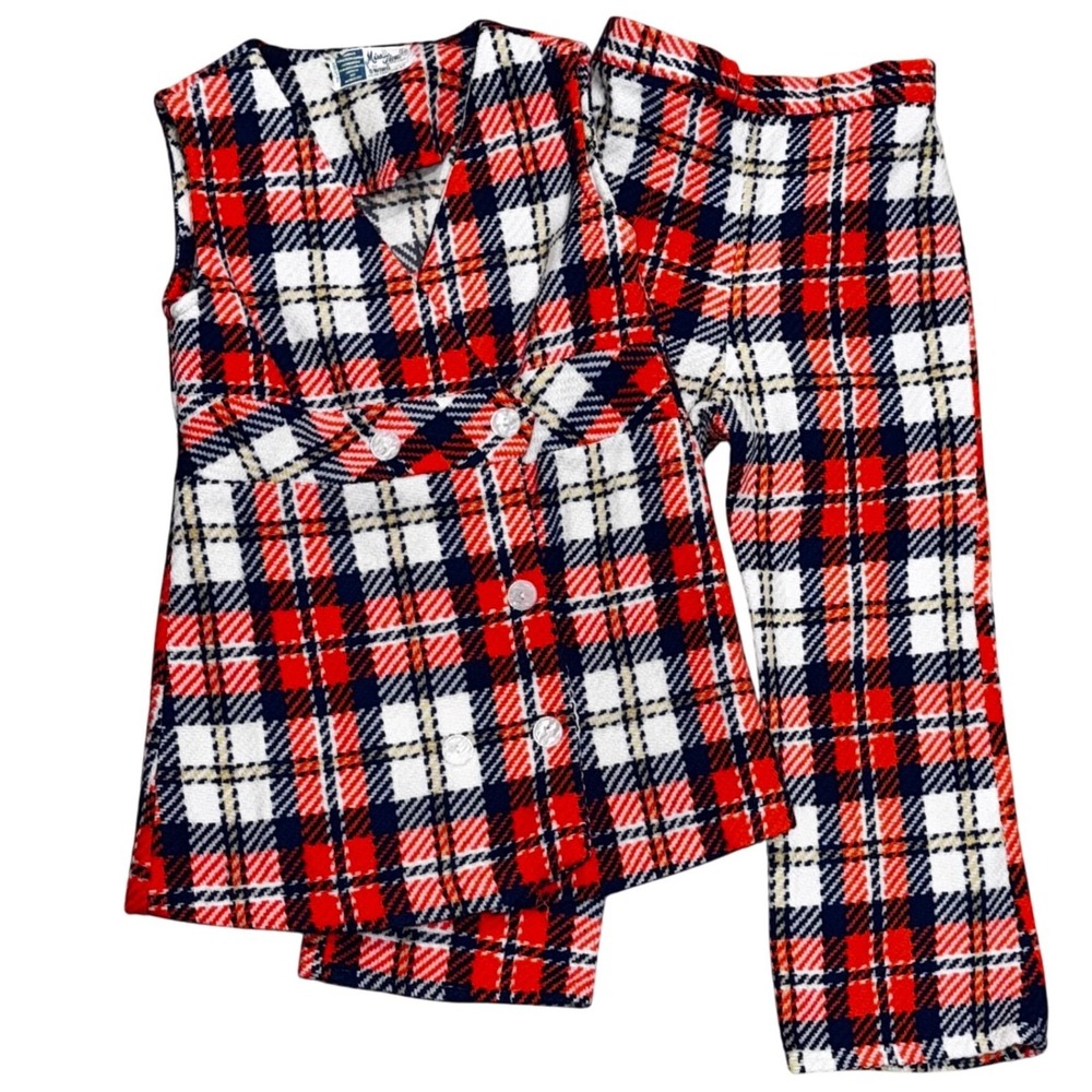 Miss‎ Tina by Swing Vintage Orange White Blue Plaid Vest Pant Set Kids Sz 6